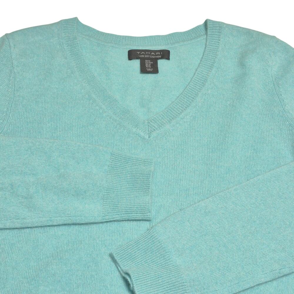 Tahari Cashmere Sweater Women Medium Aqua Blue VNeck Sleeve Elevated Minimalist